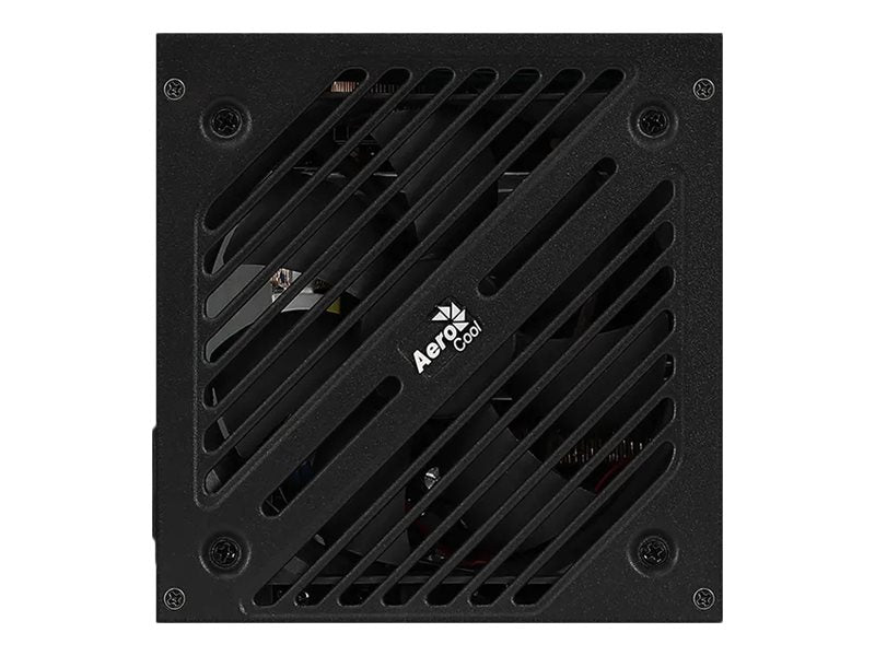 Sort computer strømforsyning med ventilationsgitter.