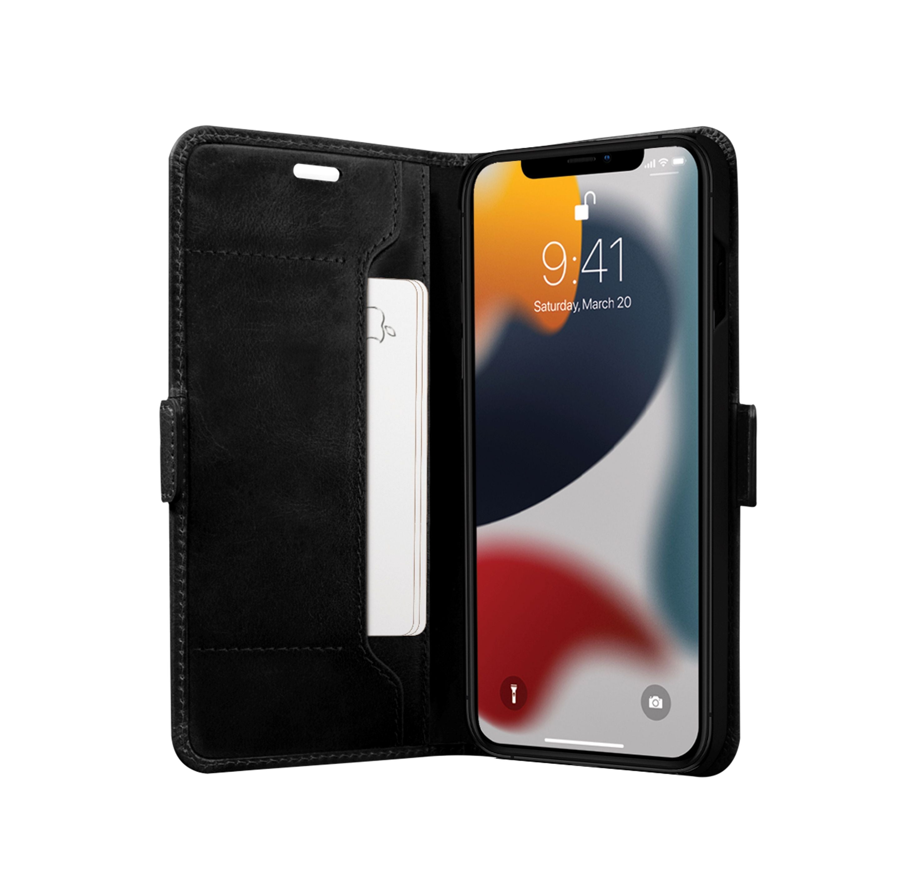 Sort lædertelefonetui med kortlomme.