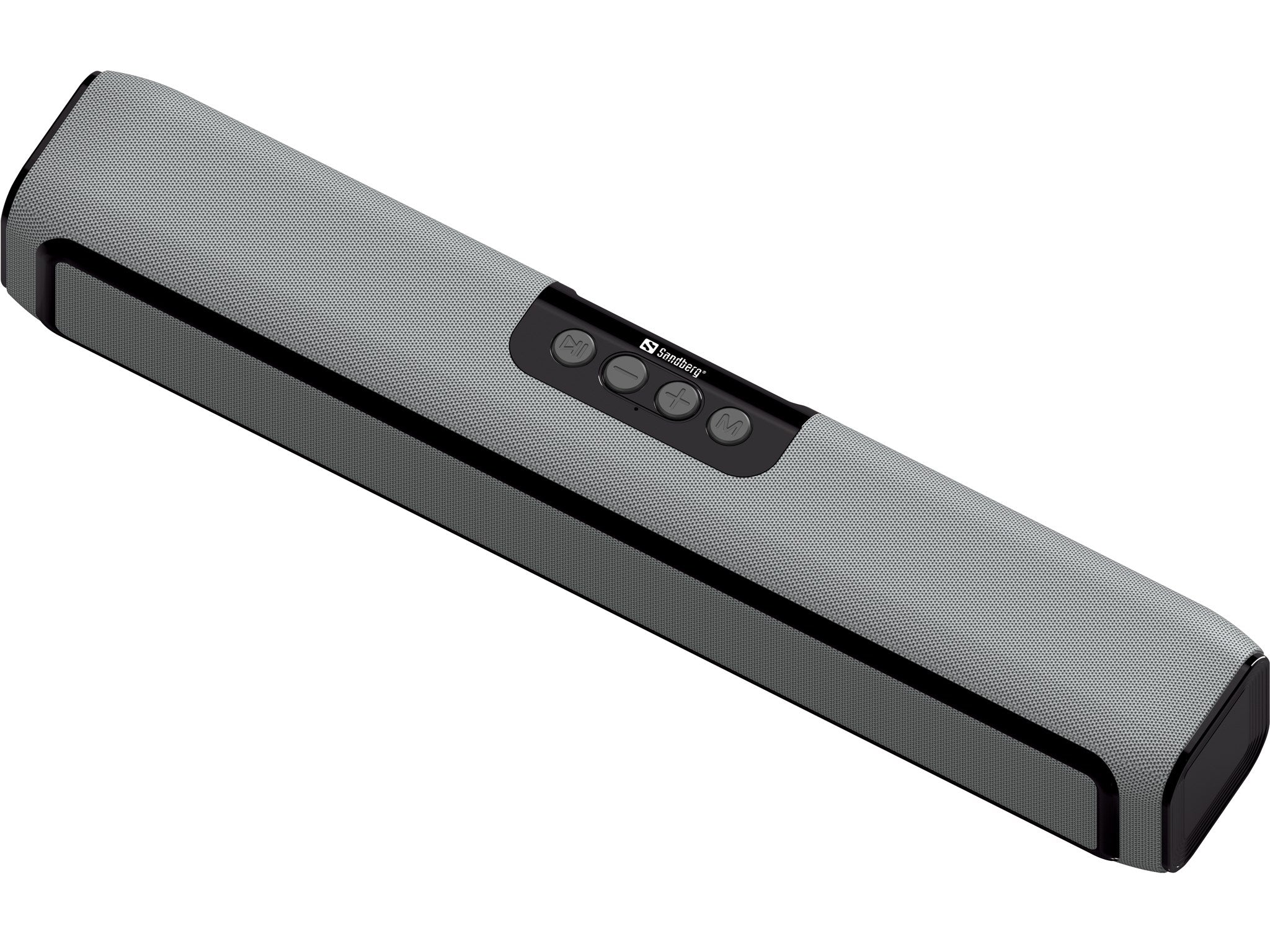 Grå soundbar med knapper.