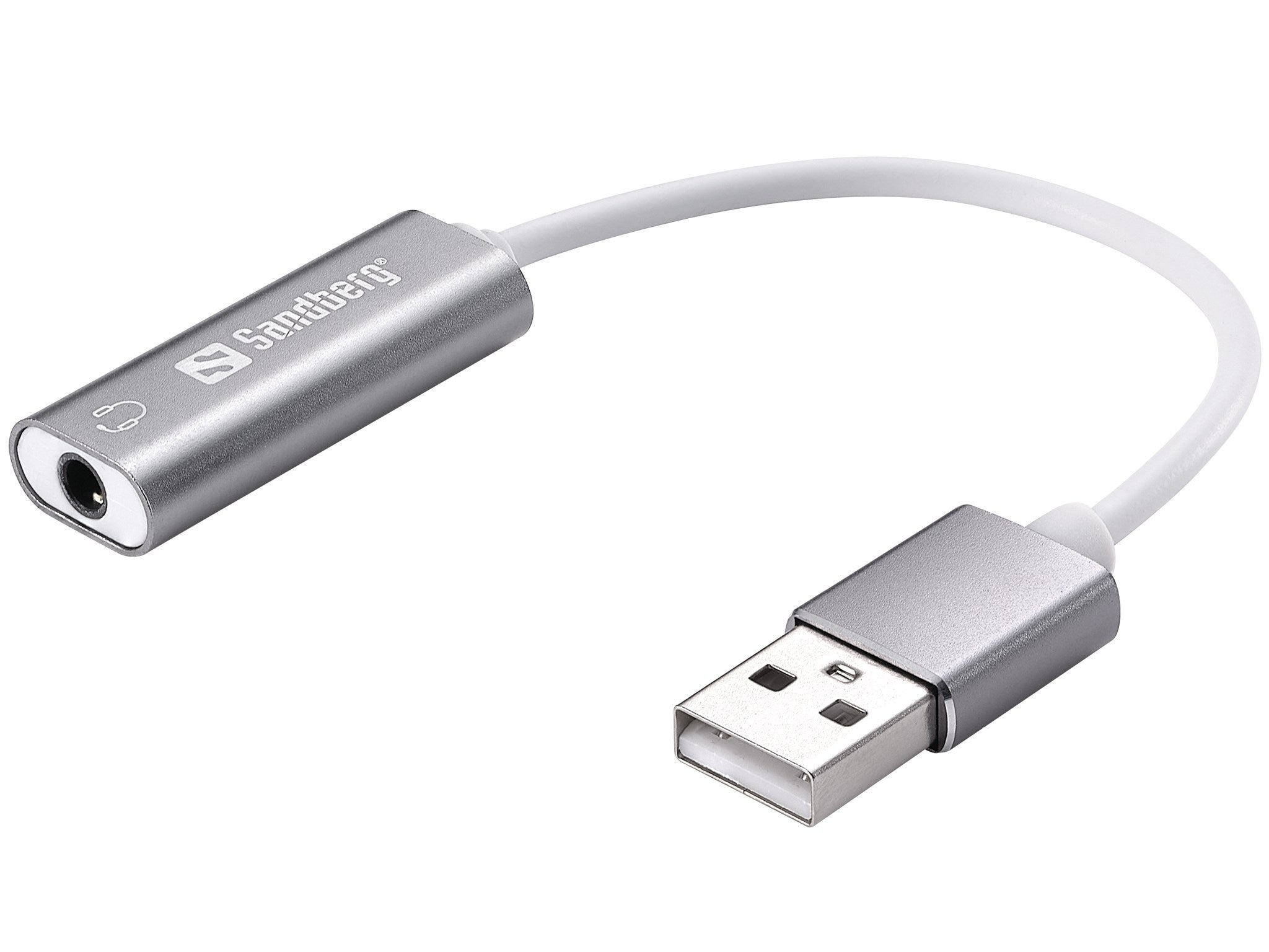 USB til hovedtelefonadapter i sølv.