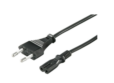 Sort strømkabel med stik.