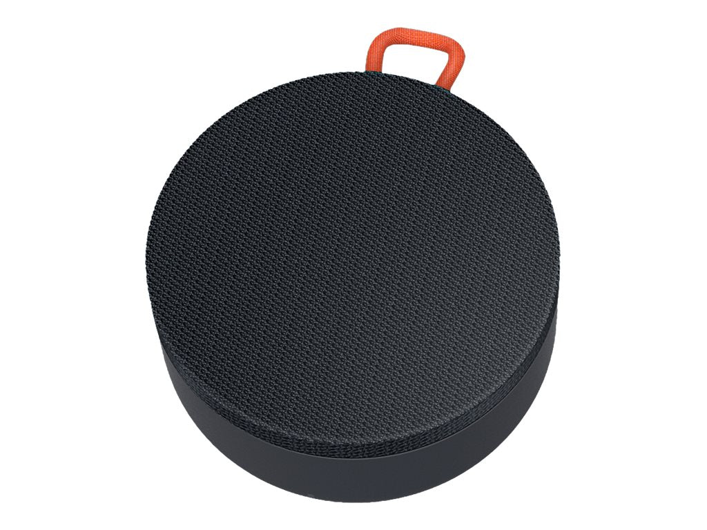 Sort, rund bærbar højttaler med orange strop.