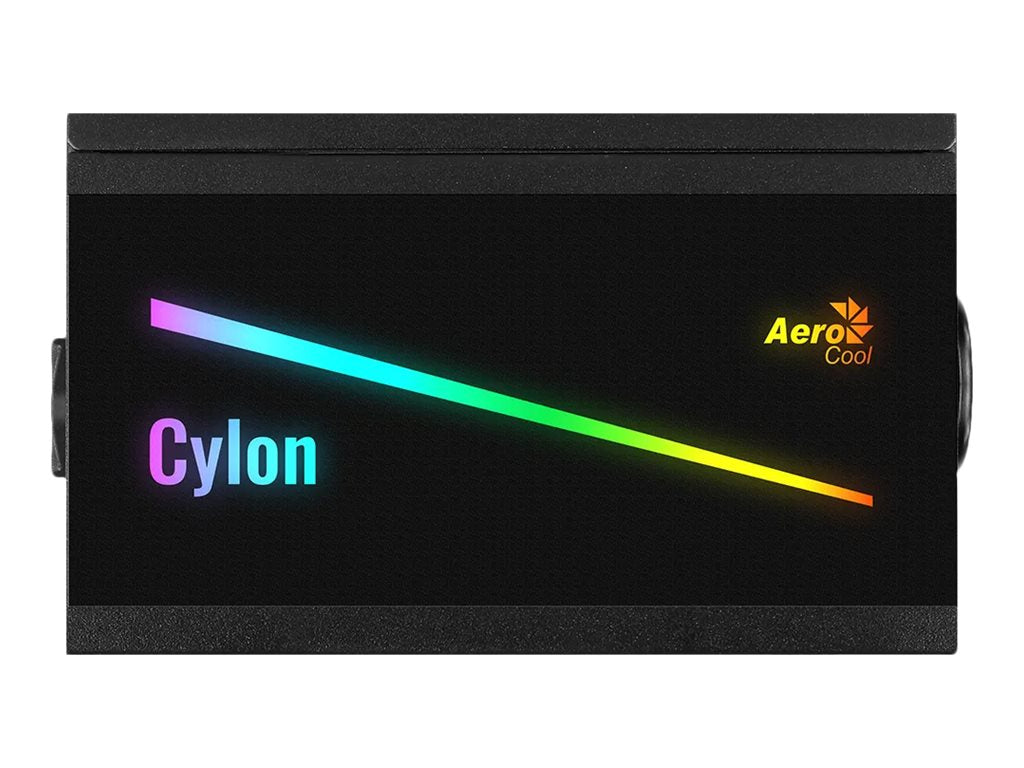 Sort computerstrømforsyning med regnbuefarvet LED-stribe og teksten "Cylon".