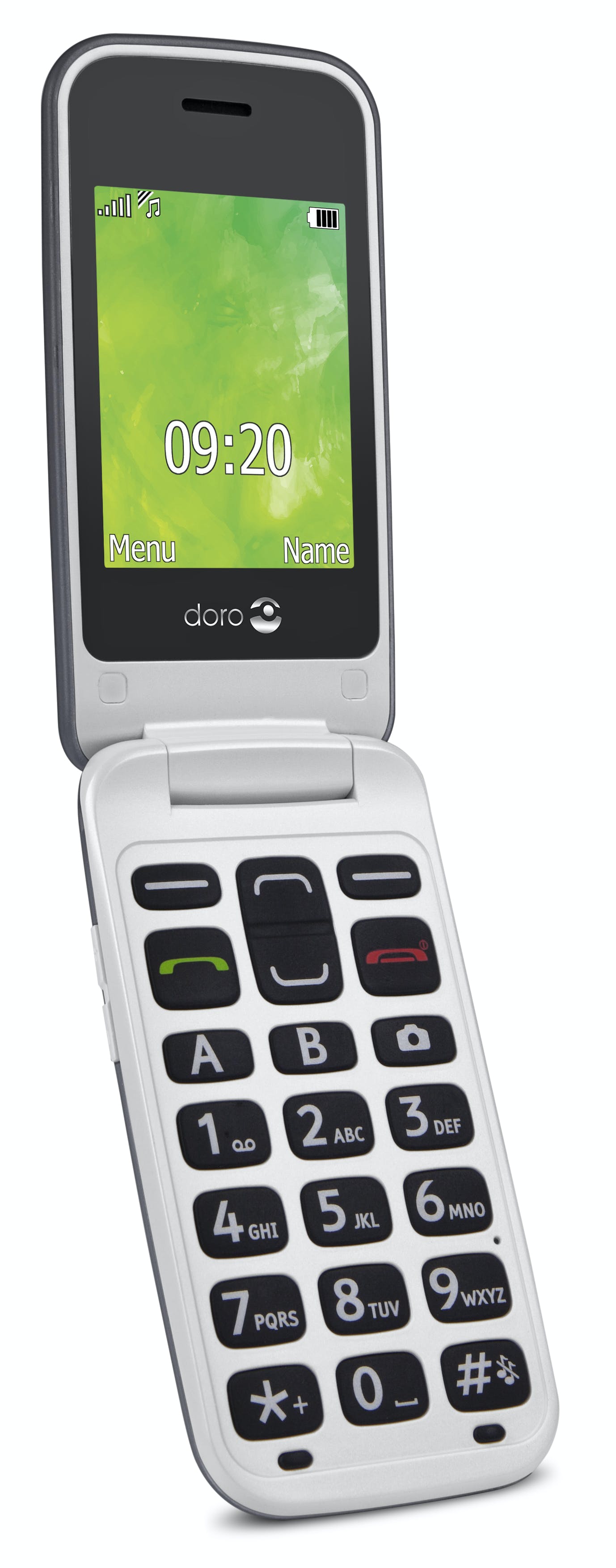 Klaptelefon med store knapper.