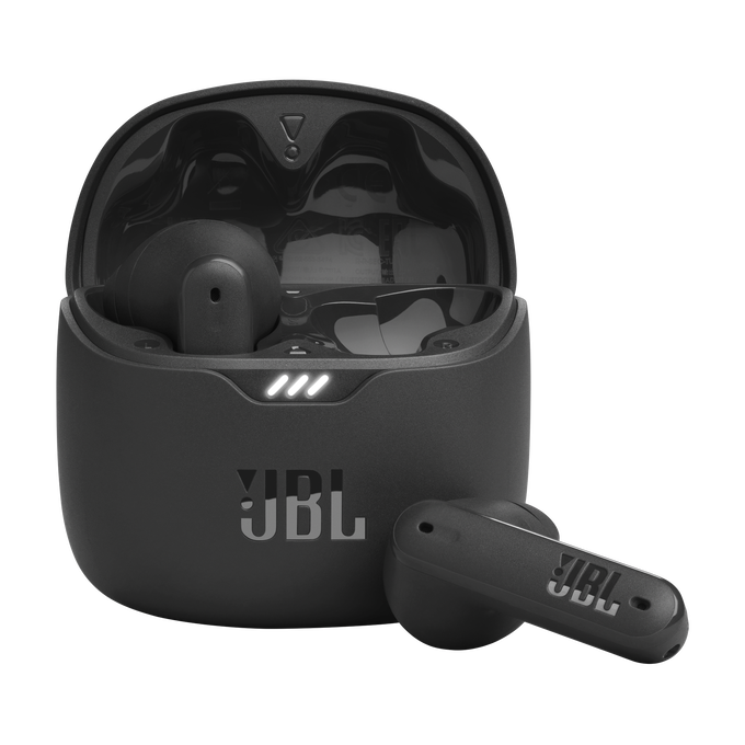 Sort JBL trådløse øretelefoner i etui.