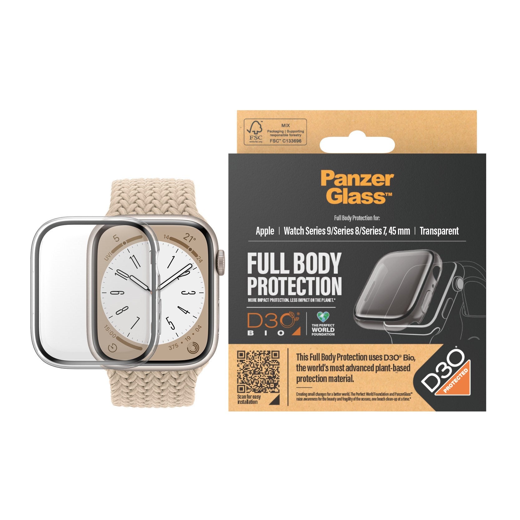 PanzerGlass™ FullBody Apple Watch 9/8/7 45mm - Gennemsigtig D3O Bio Plast