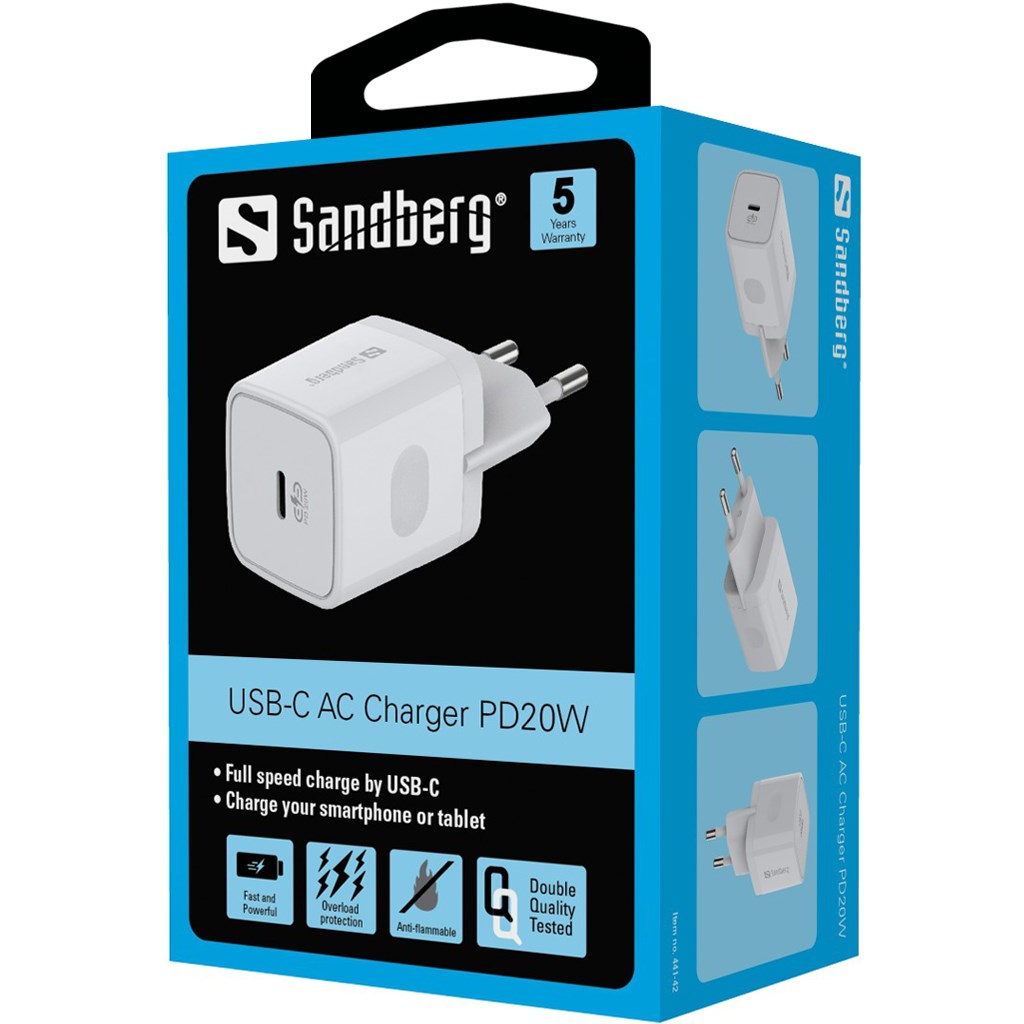 Sandberg USB-C AC Oplader 20W, Hvid